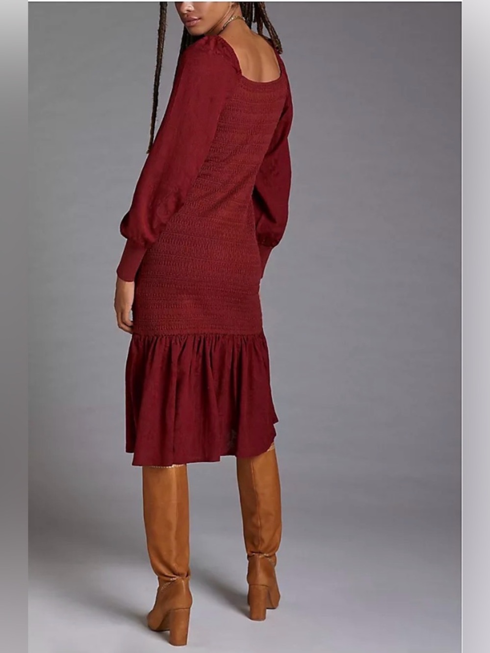 Anthropologie Burgundy Smocked Midi Dress with Puff Sleeves sz L - Picture 2 of 12